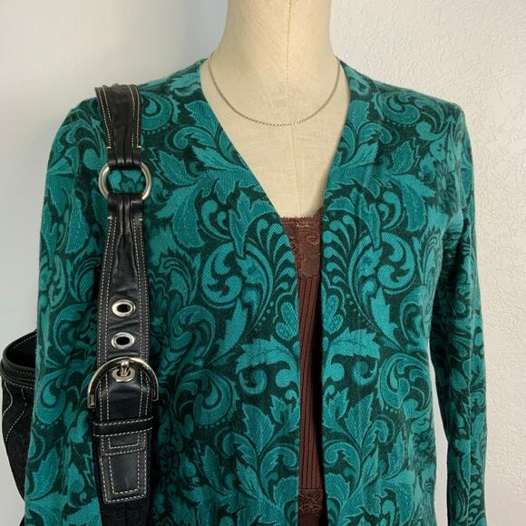 Talbots Wool Cardigan Sweater Teal Scroll Print Whimsigoth Small Quiet Luxury - Picture 2 of 8